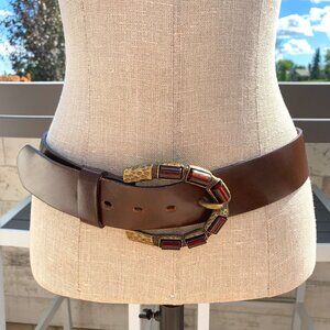 Vintage 90s Danier Leather Wide Statement Large Brass Jewel Buckle Waist Belt